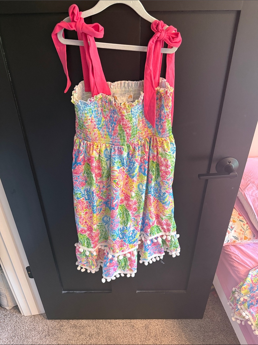 Girls' Colorful Pom-Pom Sundress with Pink Tie Straps